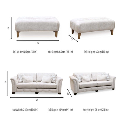 'Aura' Kenzo Cream Dw Ft Fabric 4 Seater Classic Back Split Frame Sofa with Footstool