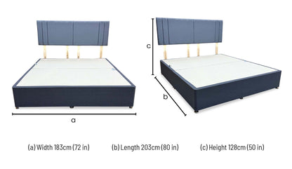Nelson denim blue super king divan and headboard dimensions: width 183cm, length 203cm, height 128cm