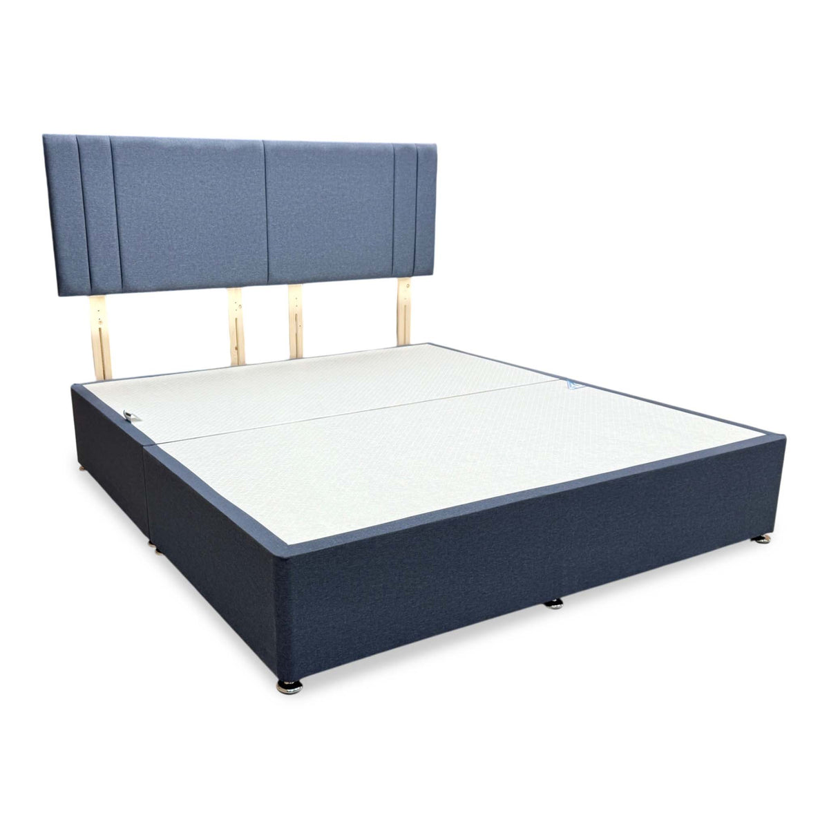 Nelson Sierra denim blue fabric strutted headboard and super king divan base, angled view