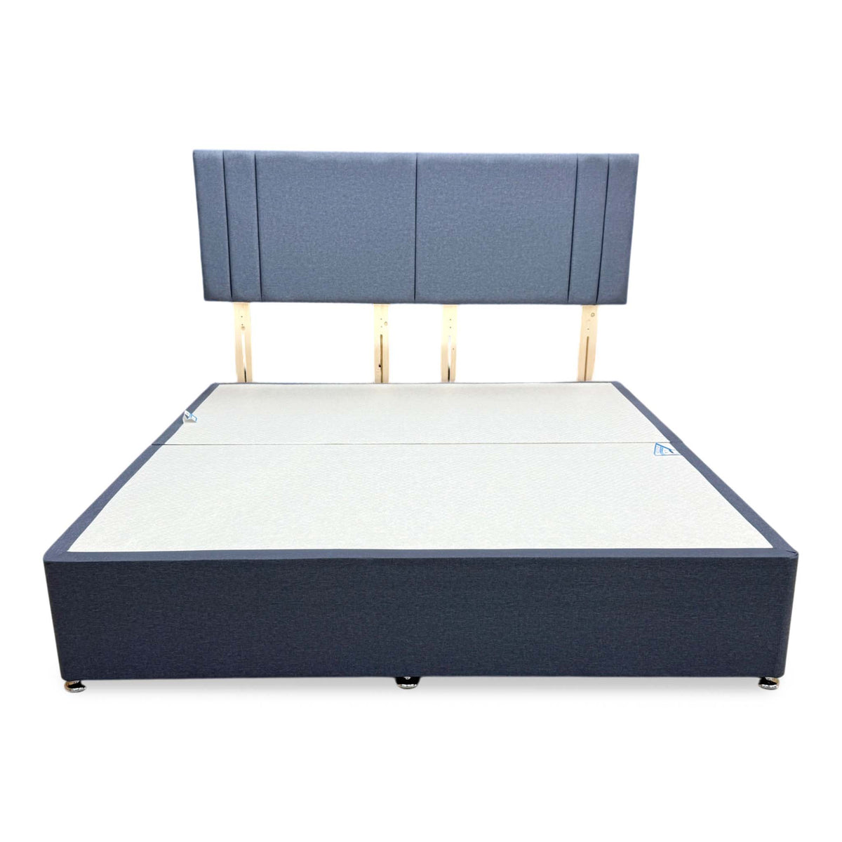 Front view of the Nelson denim blue fabric strutted headboard and super king divan base