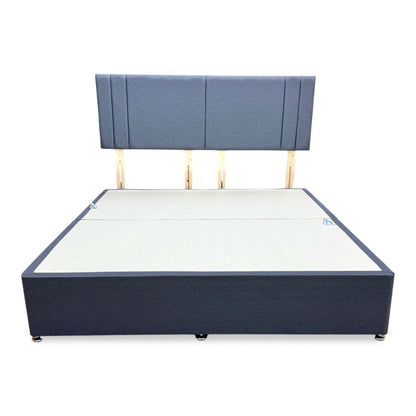 Front view of the Nelson denim blue fabric strutted headboard and super king divan base