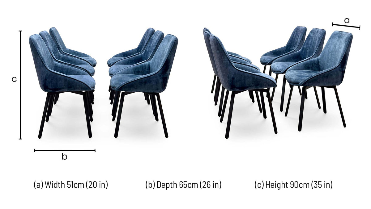 Veja heritage blue velvet swivel dining chair dimensions: width 51cm, depth 65cm, height 90cm