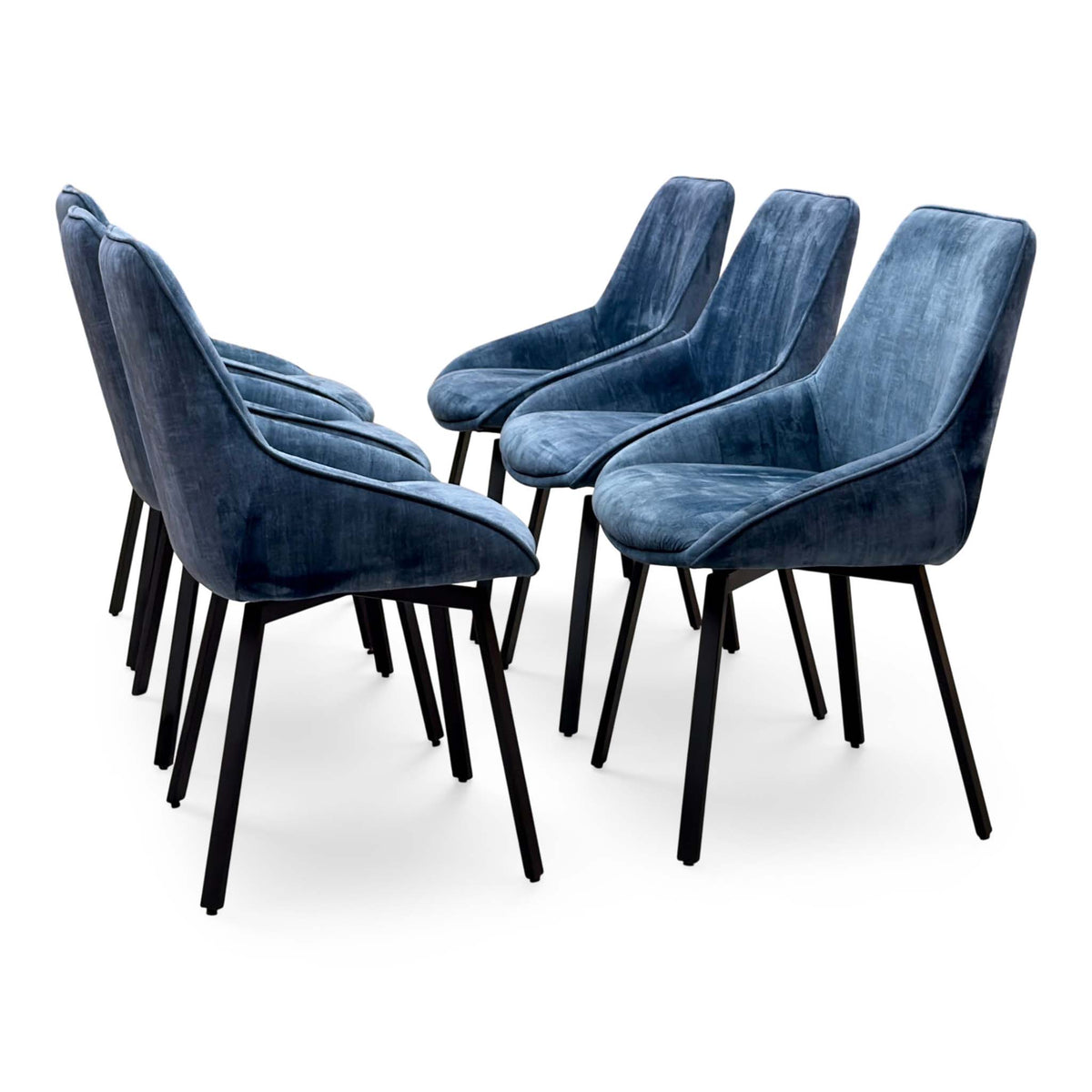 Veja heritage blue velvet fabric set of 6 swivel dining chairs, angled view with black metal legs