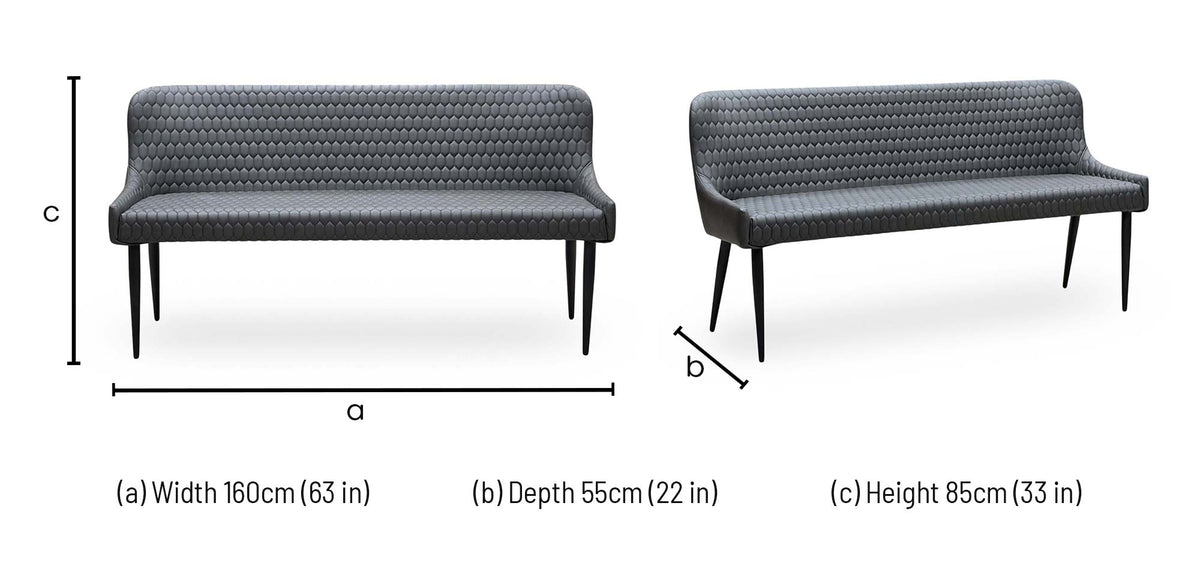 Osaka grey faux leather dining bench dimensions: width 160cm, depth 55cm, height 85cm