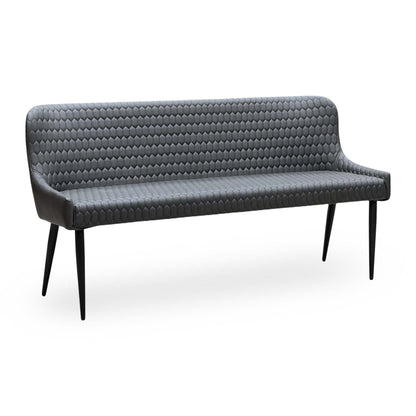 Osaka grey faux leather dining bench with honeycomb stitching and black legs, angled view