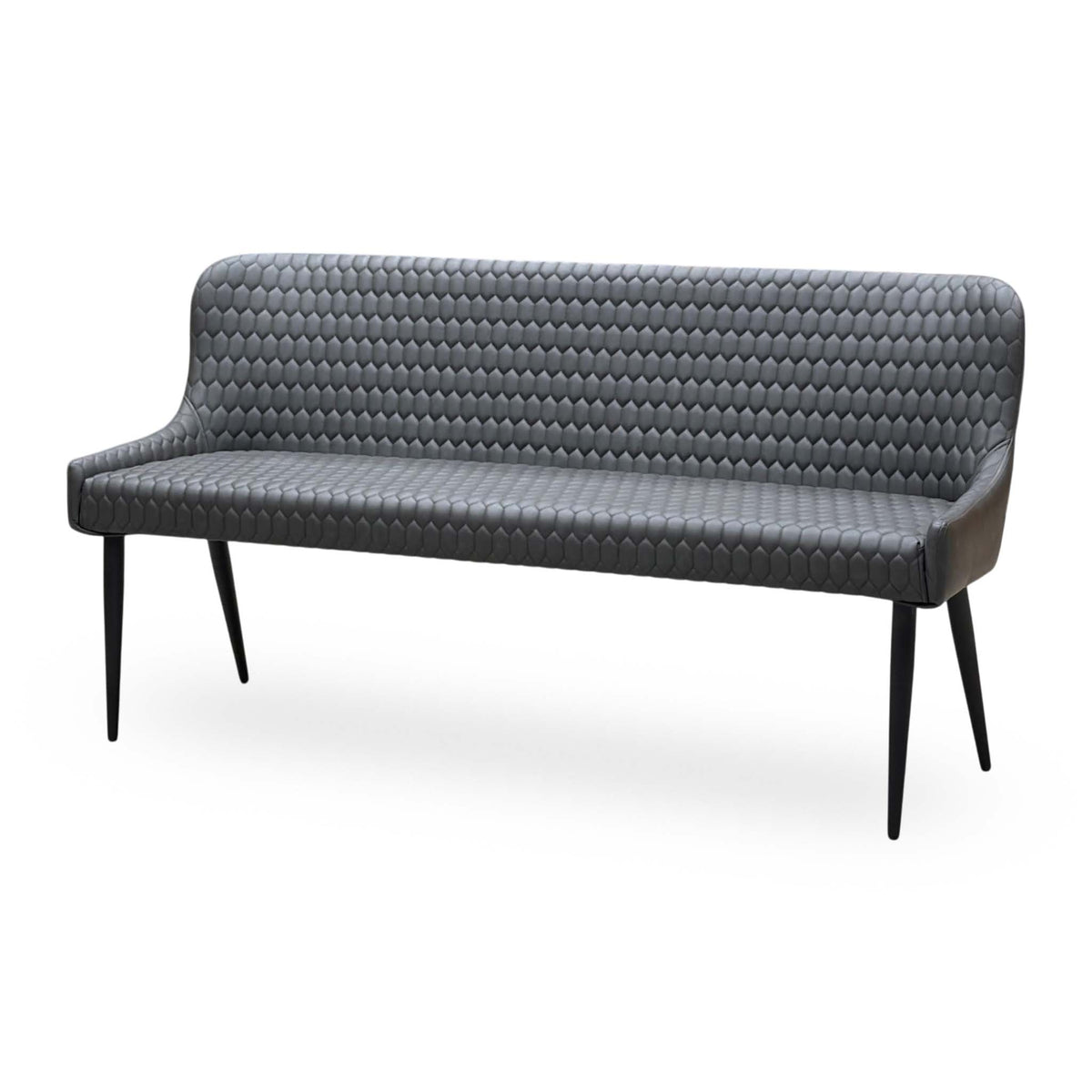 Osaka grey faux leather dining bench from the right, showing the curved arms and tapered legs