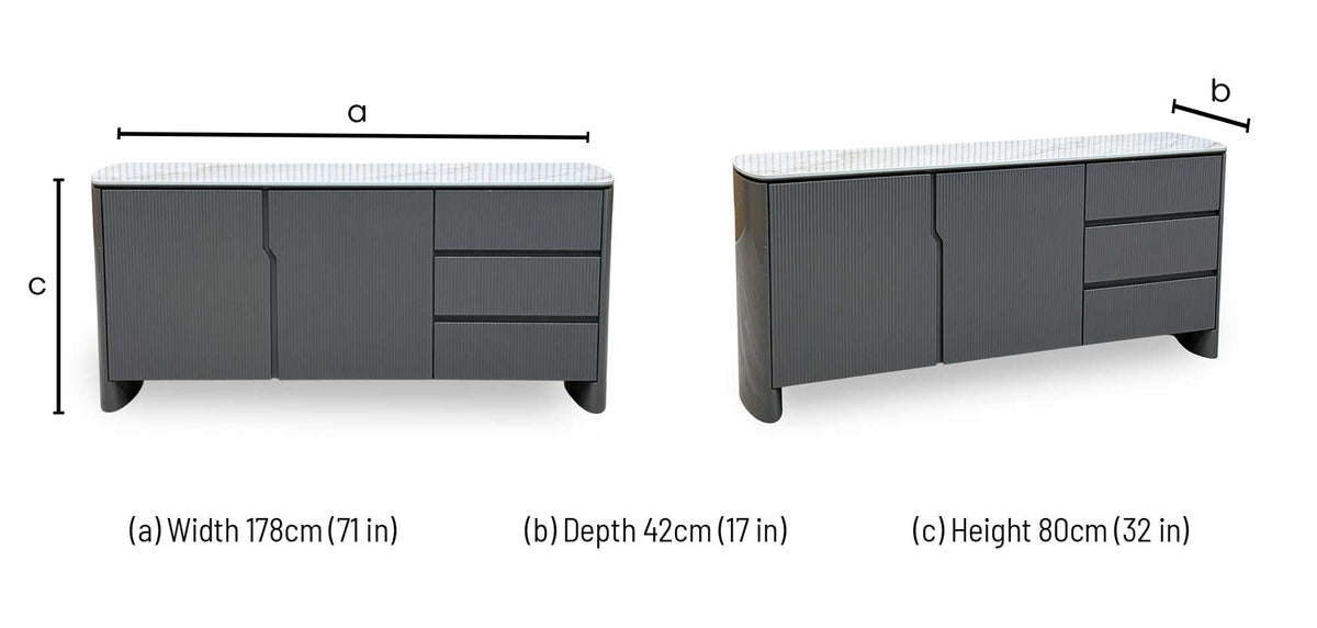 Ivy grey high gloss sideboard dimensions: width 178cm, depth 42cm, height 80cm
