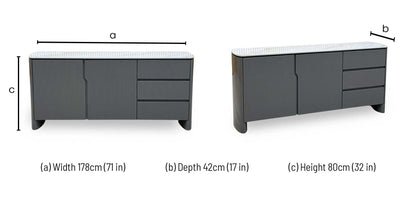 Ivy grey high gloss sideboard dimensions: width 178cm, depth 42cm, height 80cm