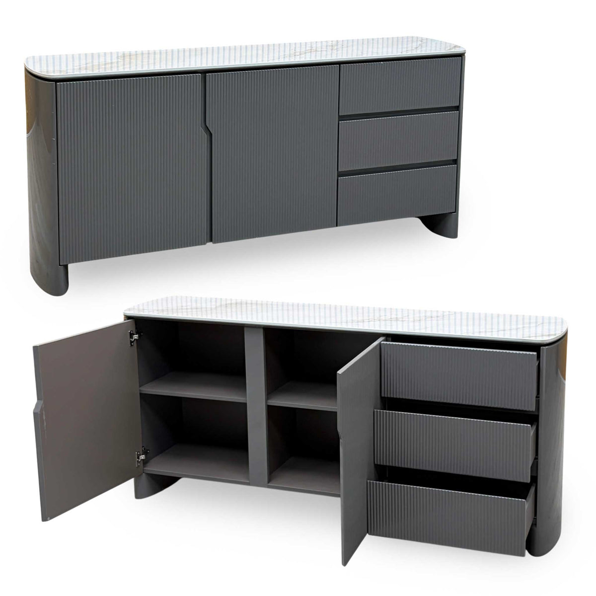 Ivy grey high gloss sideboard with white ceramic top, shown closed and with the doors and drawers open