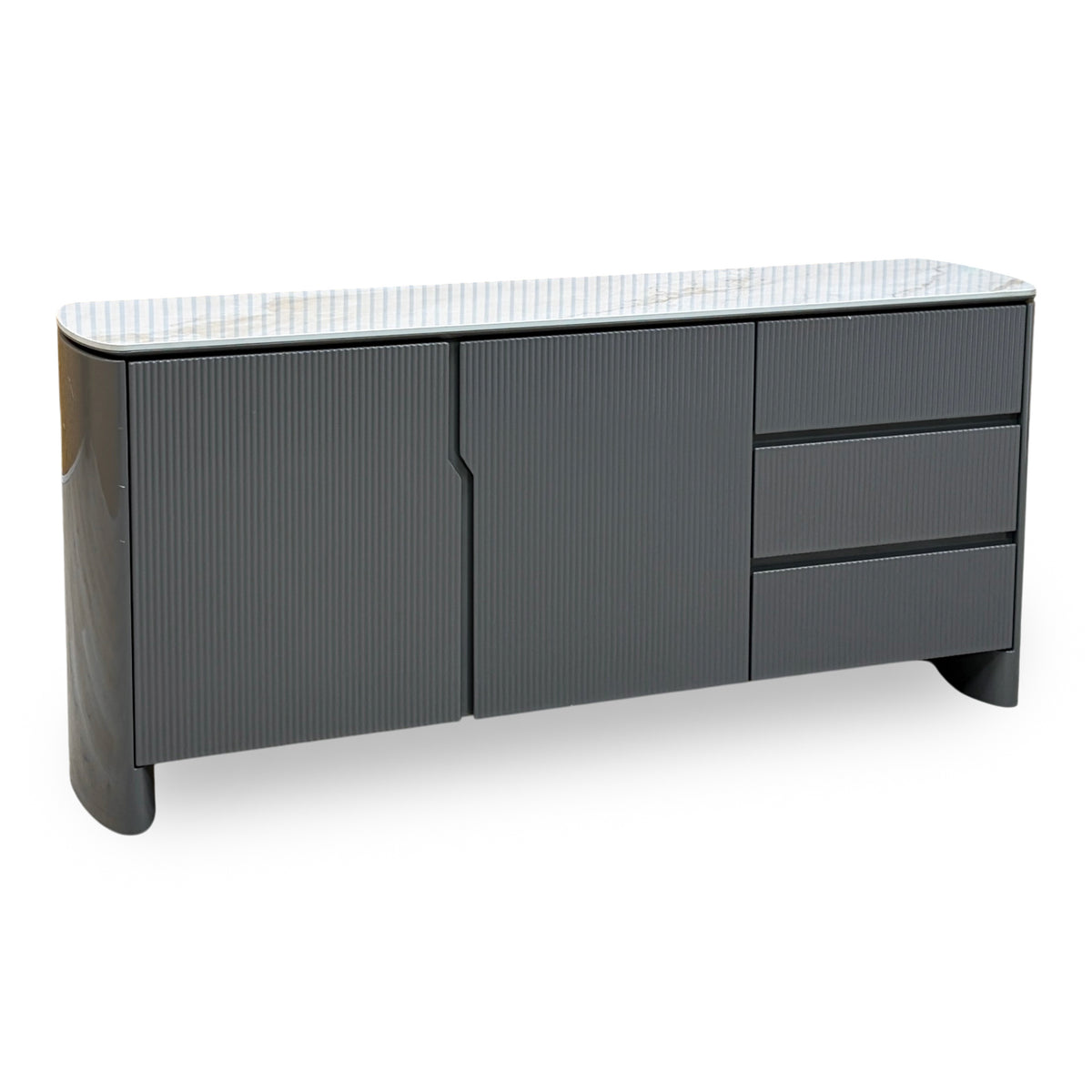 Angled view of the Ivy grey high gloss sideboard showing the curved left end and fluted doors