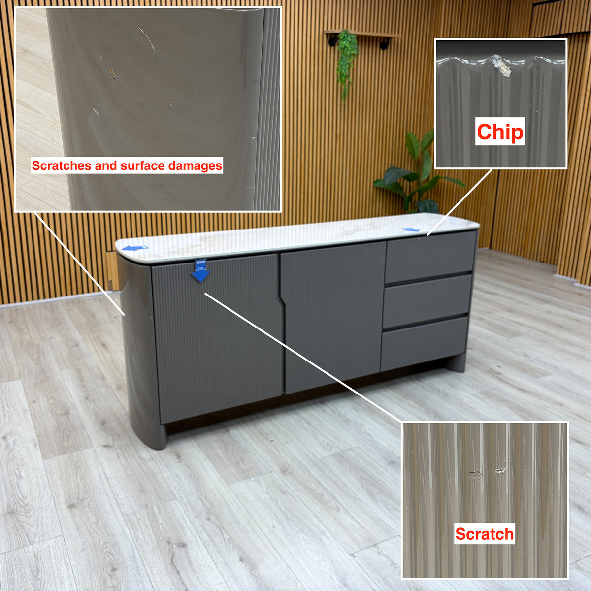 Ivy grey sideboard with inset close-ups of the end panel scratches, a chip on the door edge and a door scratch