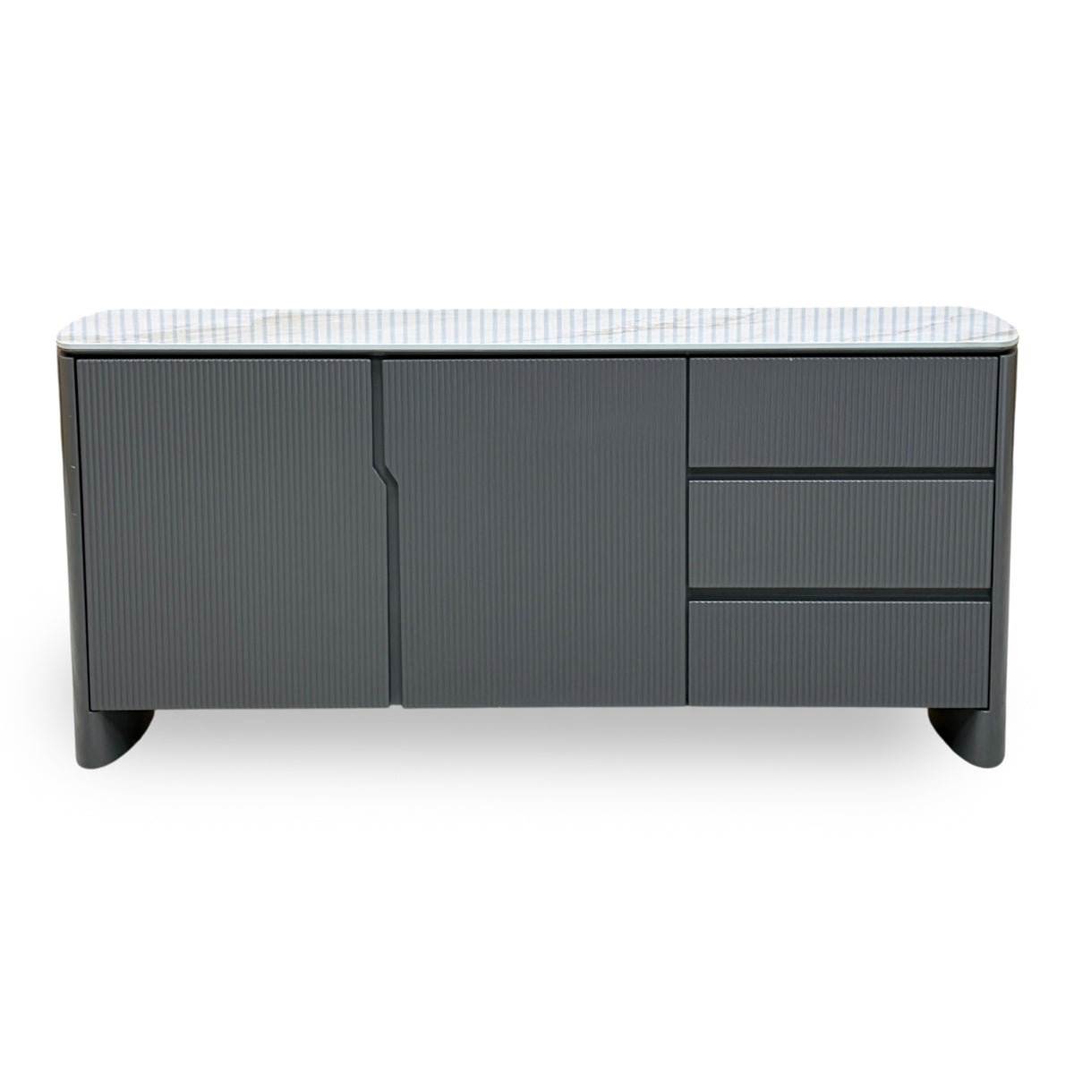 Front view of the Ivy grey high gloss large sideboard with 2 fluted doors, 3 drawers and a white ceramic top