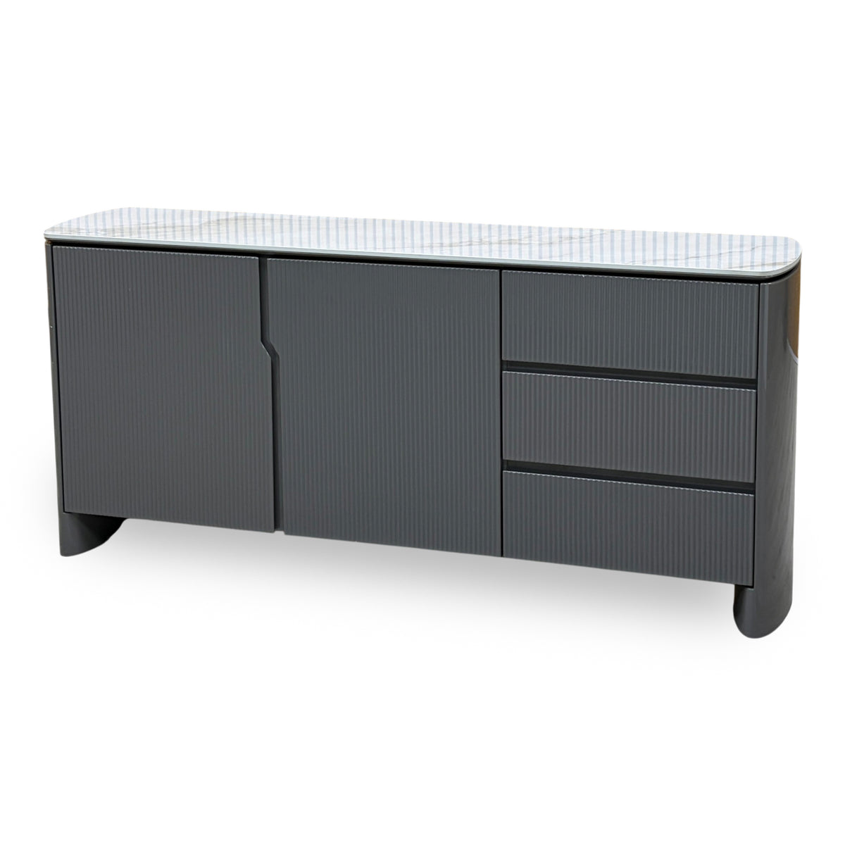 Ivy grey high gloss sideboard angled from the right, closed, showing the curved end and white ceramic top