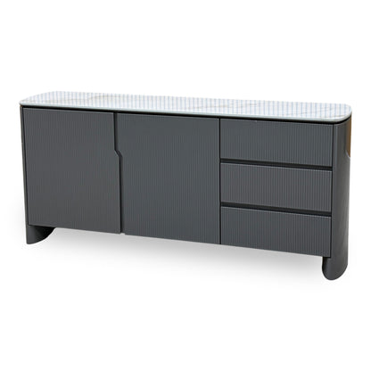 Ivy grey high gloss sideboard angled from the right, closed, showing the curved end and white ceramic top