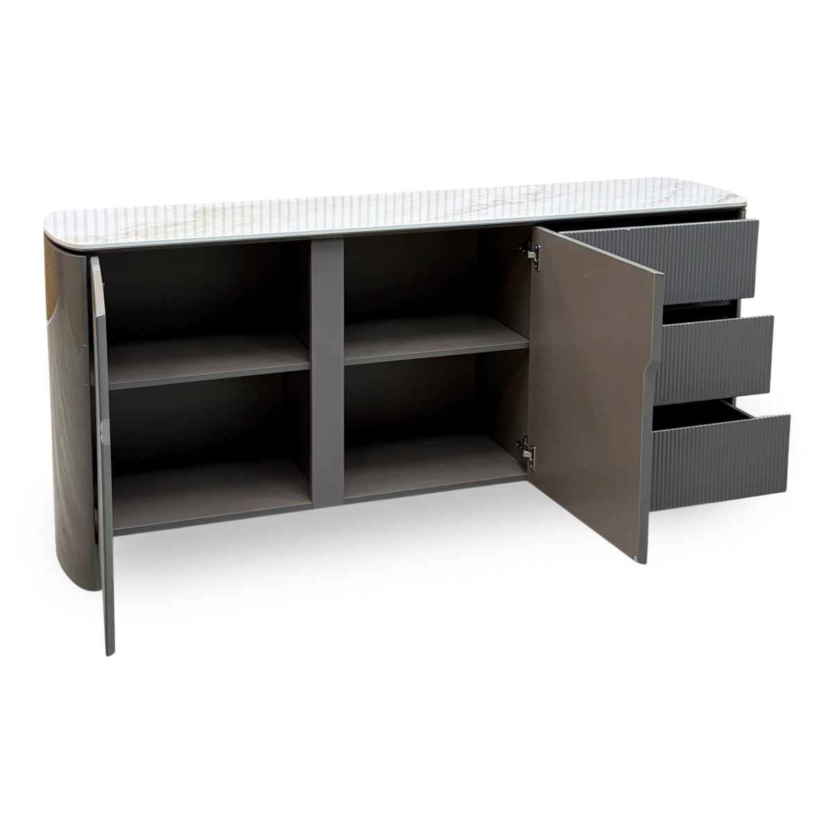 Side angle of the Ivy grey sideboard from the right with the doors open and drawers pulled out