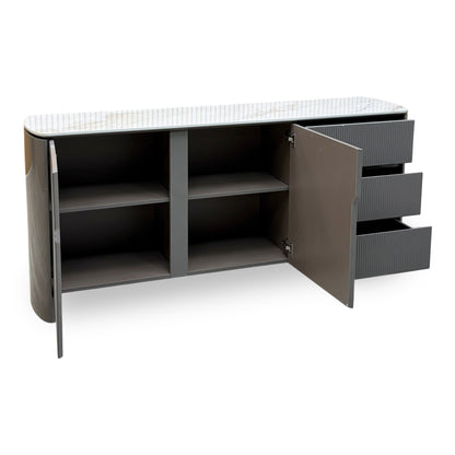 Side angle of the Ivy grey sideboard from the right with the doors open and drawers pulled out