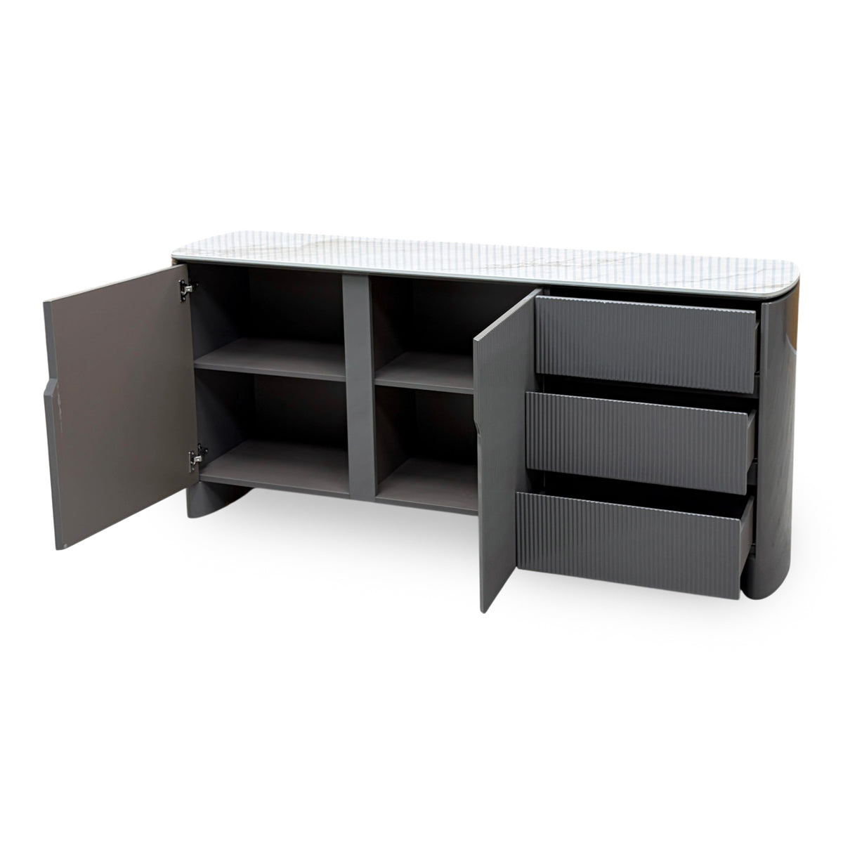 Ivy grey sideboard with both doors open and the three drawers pulled out, showing the inside shelves