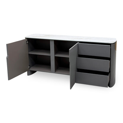 Ivy grey sideboard with both doors open and the three drawers pulled out, showing the inside shelves