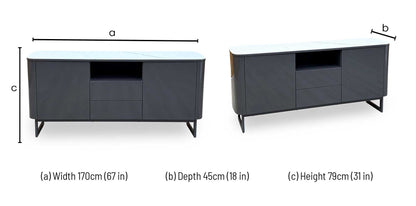 A modern sideboard cabinet shown from two angles with dimension callouts: width 170 cm, depth 45 cm, and height 79 cm. The cabinet has a dark charcoal gray body, a white top surface, and black legs on a white background.