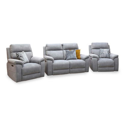 Raven Dexter stone grey velvet 2 seater power recliner sofa and two power chairs, angled view upright