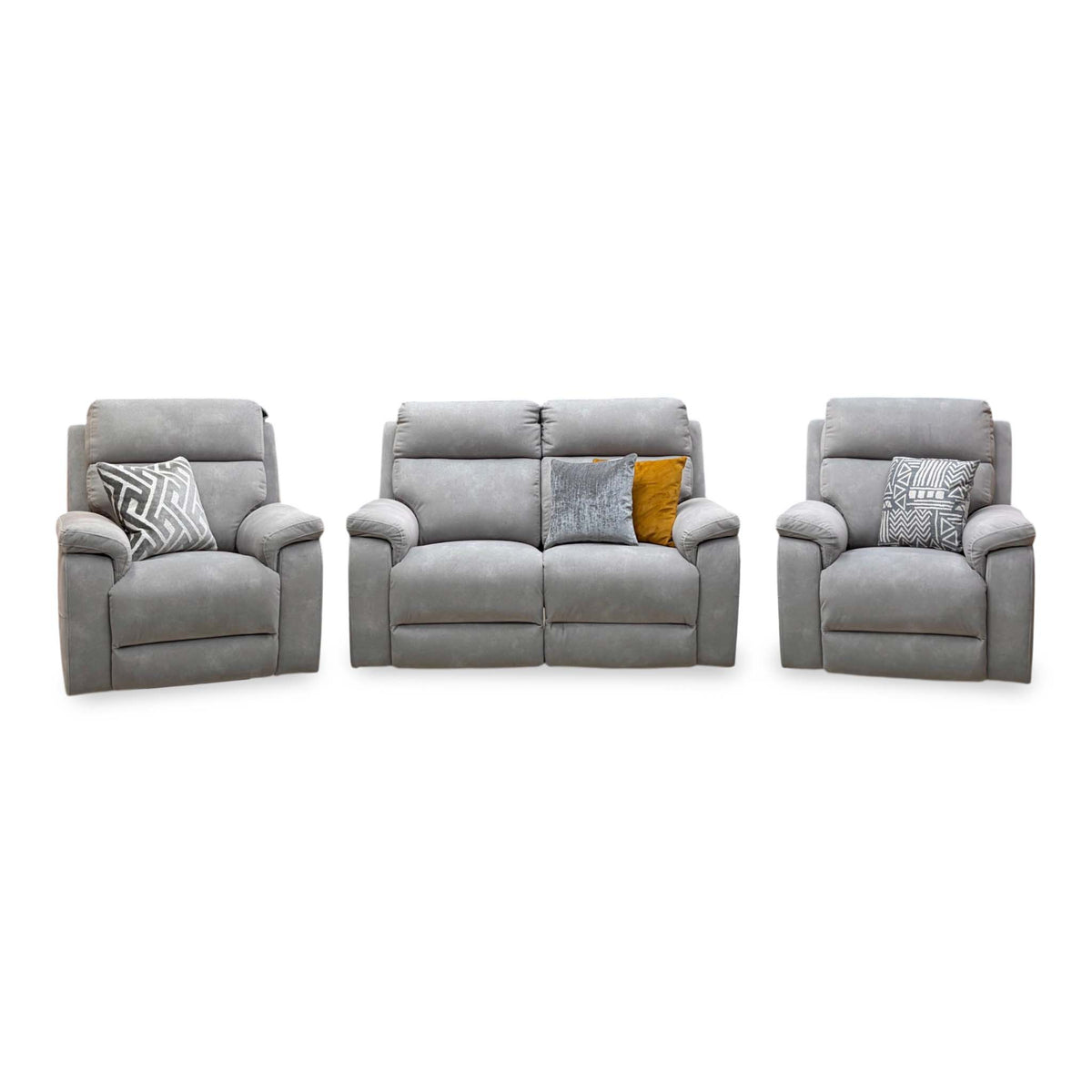 Front view of the Raven Dexter stone grey velvet 2 seater power recliner sofa between two power chairs