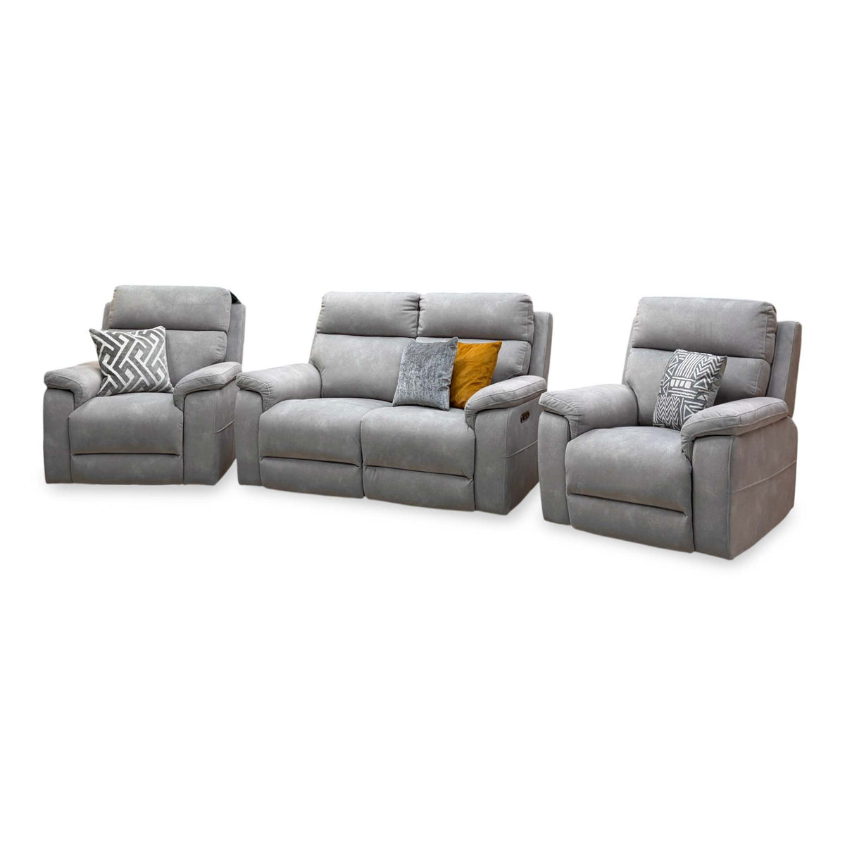 Raven Dexter stone grey velvet power recliner sofa and two power chairs angled from the right, upright