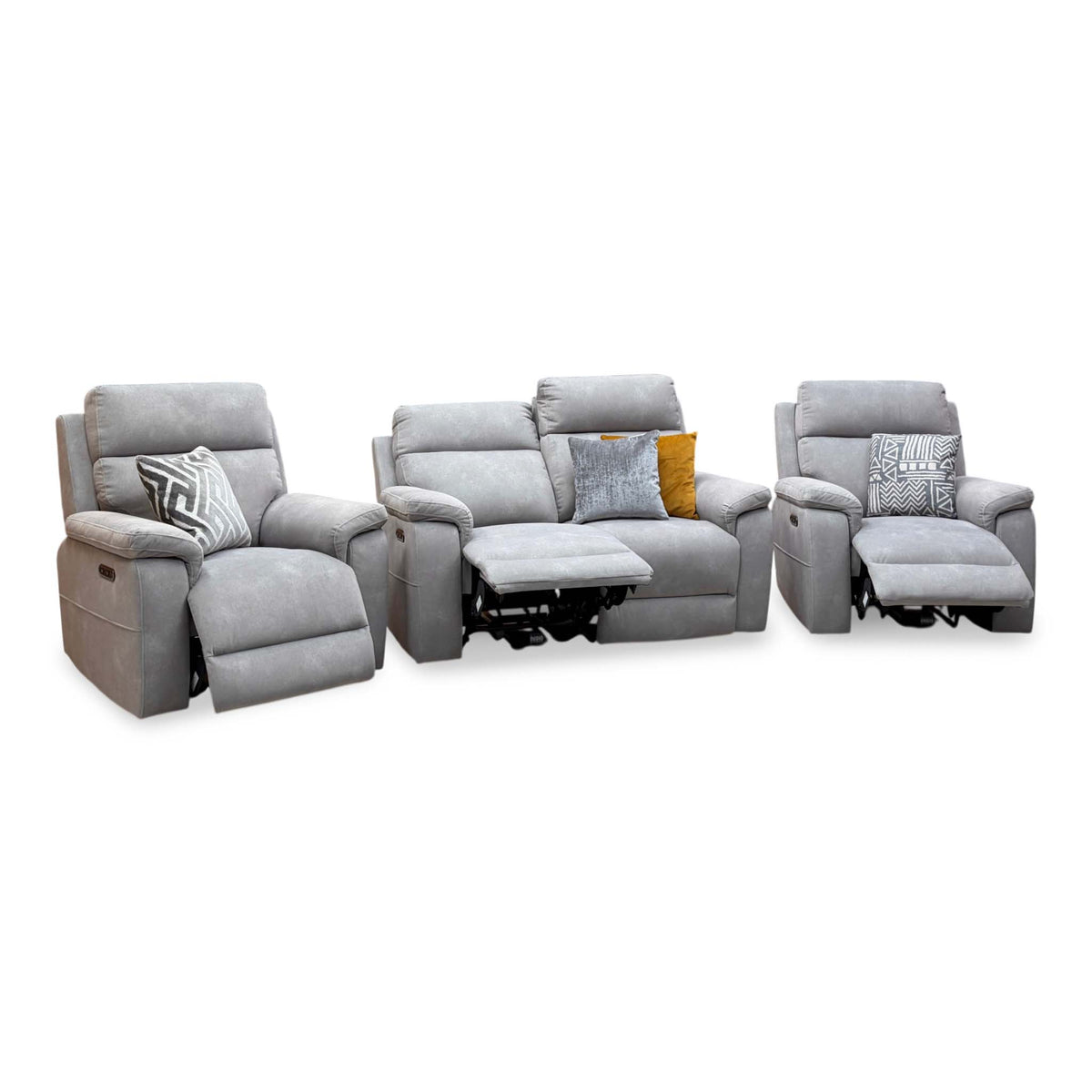 Raven Dexter stone grey velvet 2 seater power recliner sofa and two power chairs, all seats reclined