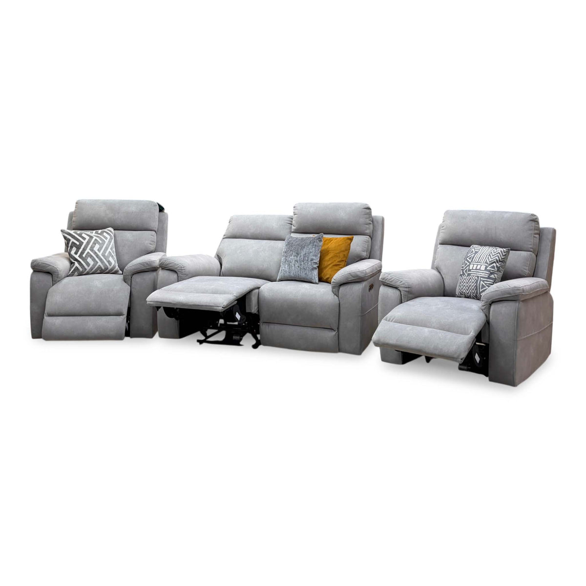 Raven Dexter stone grey velvet sofa and power chairs from the right, sofa seat and right chair reclined
