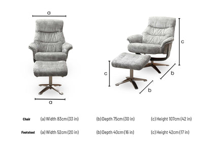 ‘Lindos’ Wishing Well Grey Chenille Fabric Recliner Chair and Stool with Chrome Base