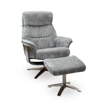 ‘Lindos’ Wishing Well Grey Chenille Fabric Recliner Chair and Stool with Chrome Base