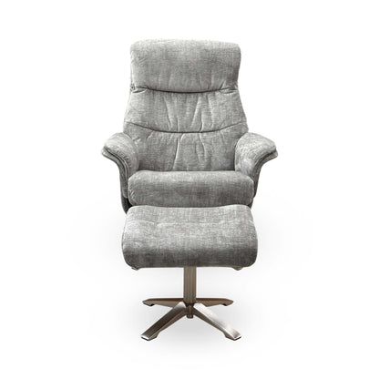 ‘Lindos’ Wishing Well Grey Chenille Fabric Recliner Chair and Stool with Chrome Base