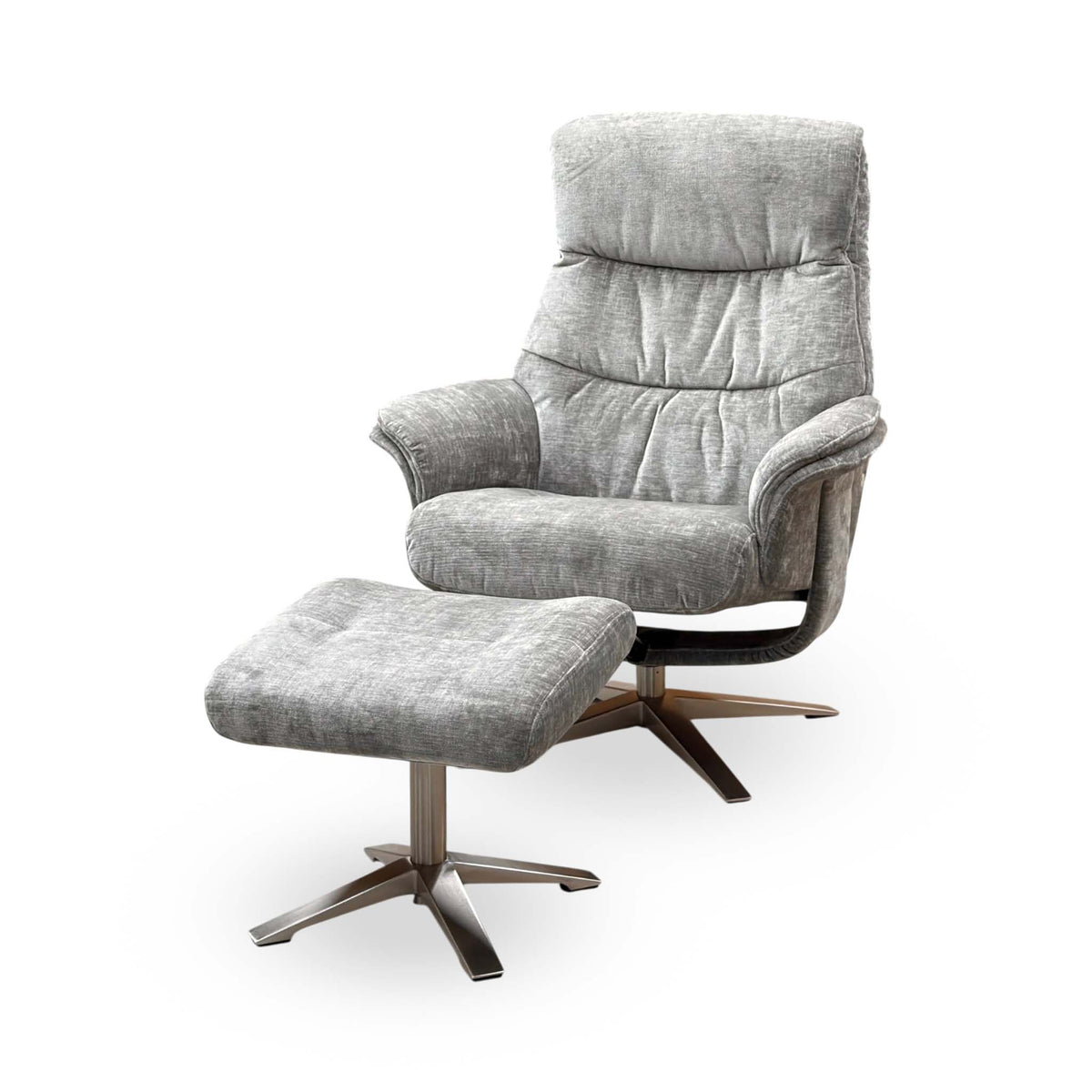 ‘Lindos’ Wishing Well Grey Chenille Fabric Recliner Chair and Stool with Chrome Base