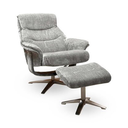 ‘Lindos’ Wishing Well Grey Chenille Fabric Recliner Chair and Stool with Chrome Base