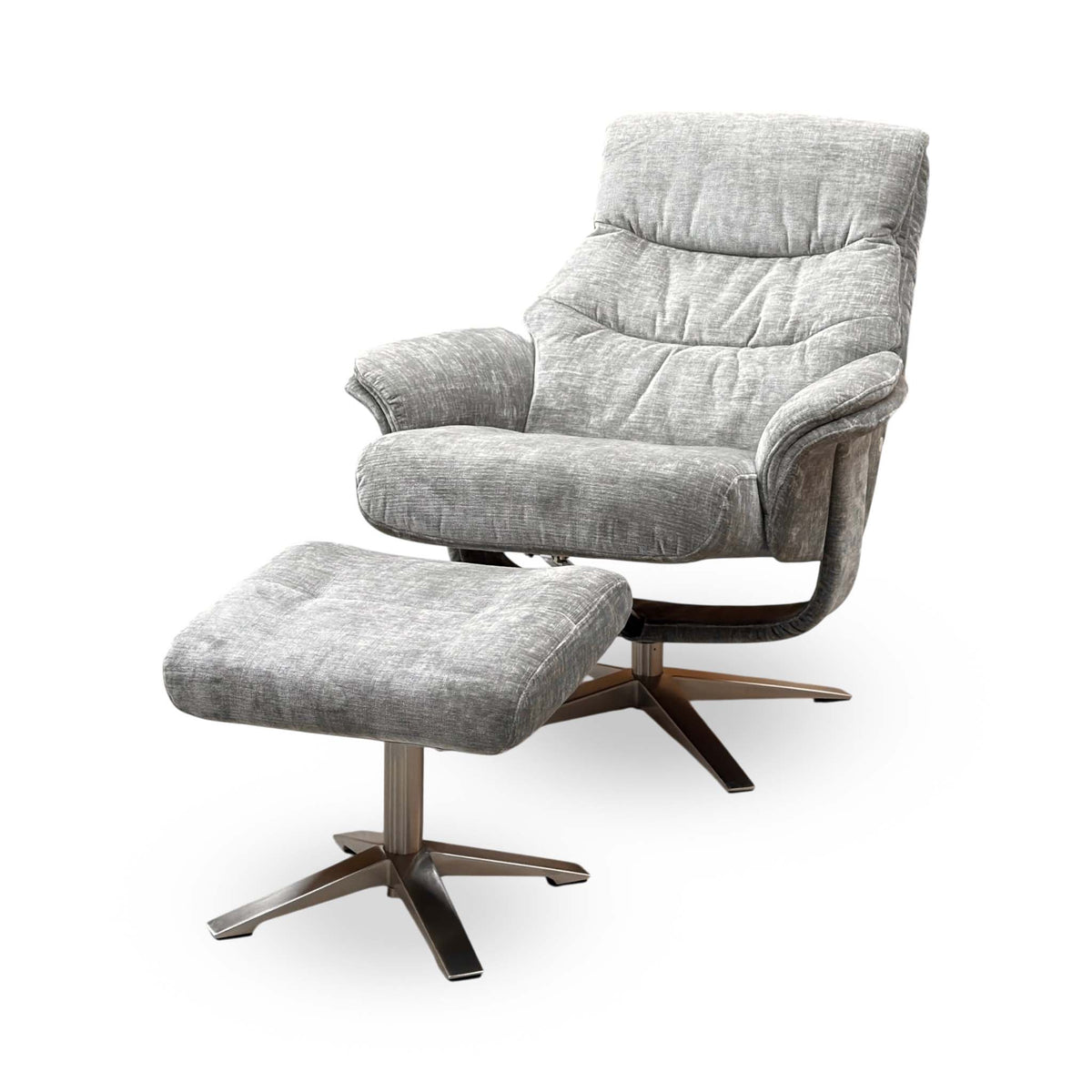 ‘Lindos’ Wishing Well Grey Chenille Fabric Recliner Chair and Stool with Chrome Base
