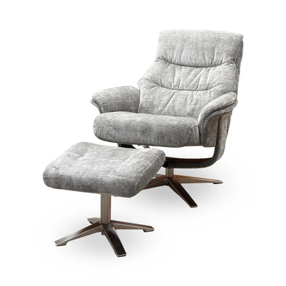‘Lindos’ Wishing Well Grey Chenille Fabric Recliner Chair and Stool with Chrome Base