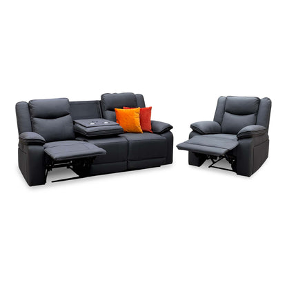 'Milan' Mocha Grey Microfibre Fabric 3 Seater Manual Recliner Drop Down Cup Holders and Wireless Charger Sofa with Armchair Set
