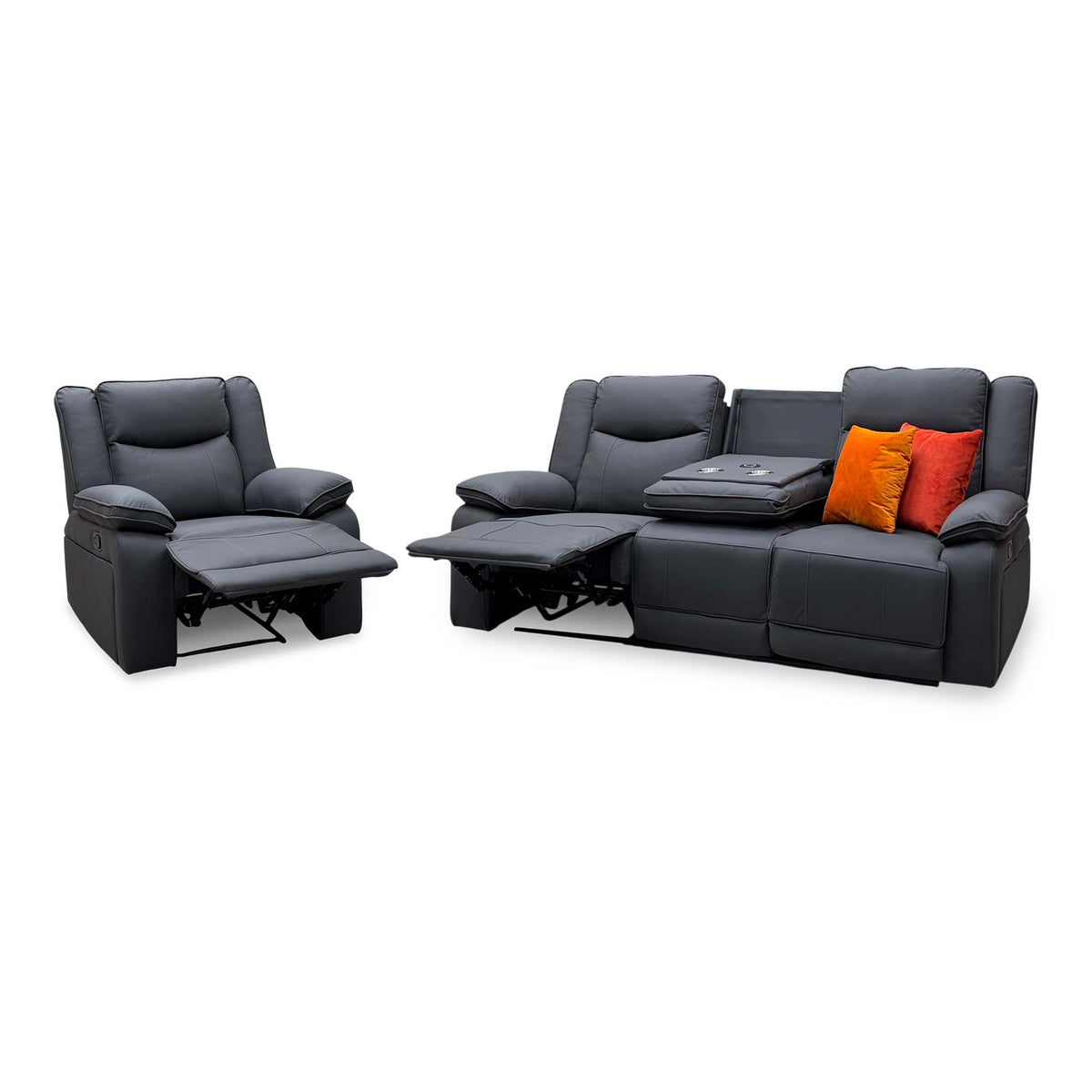 'Milan' Mocha Grey Microfibre Fabric 3 Seater Manual Recliner Drop Down Cup Holders and Wireless Charger Sofa with Armchair Set
