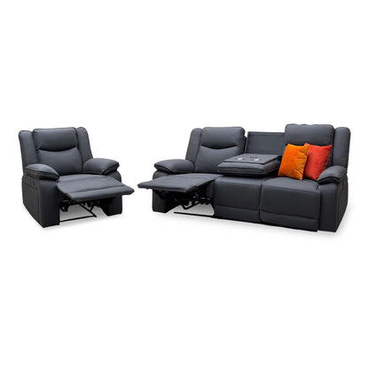 'Milan' Mocha Grey Microfibre Fabric 3 Seater Manual Recliner Drop Down Cup Holders and Wireless Charger Sofa with Armchair Set