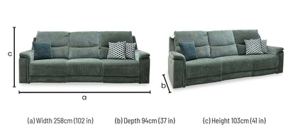 Berlin forest green linen large 3 seater power recliner sofa dimensions: width 258cm, depth 94cm, height 103cm