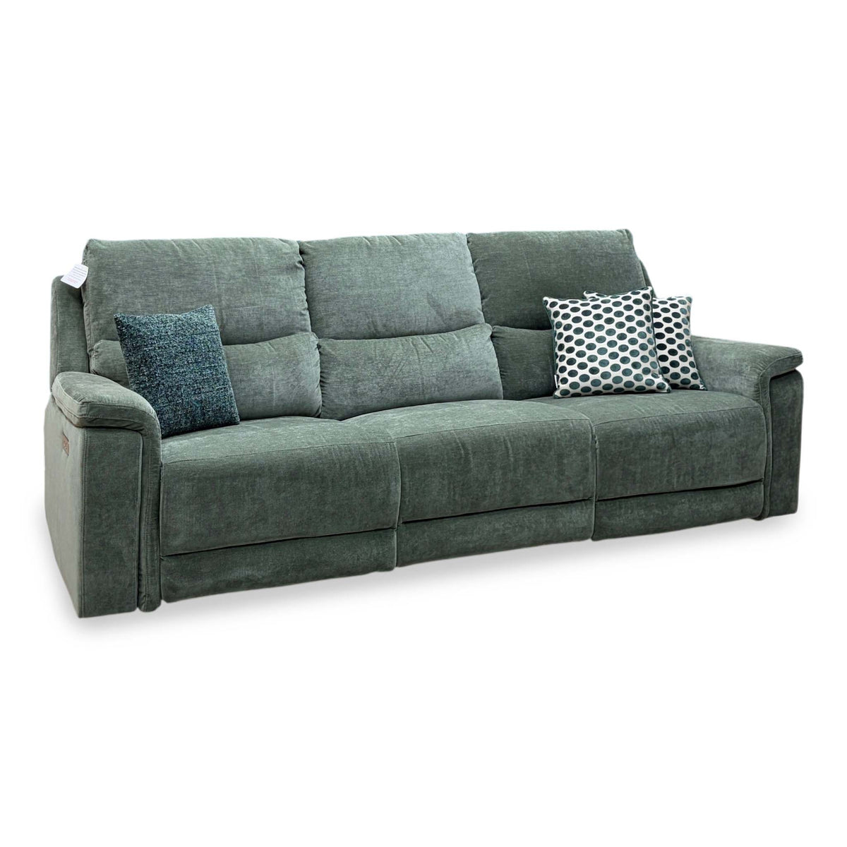 Berlin forest green linen large 3 seater power recliner sofa, angled from the left with all seats upright