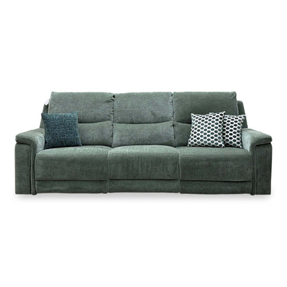 Front view of the Berlin forest green linen power recliner sofa upright on a white background