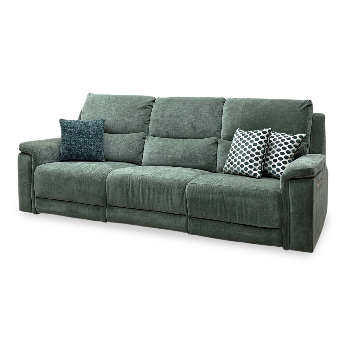 Berlin forest green linen large 3 seater power recliner sofa, angled from the right with seats upright
