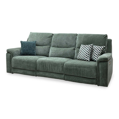 Berlin forest green linen large 3 seater power recliner sofa, angled from the right with seats upright
