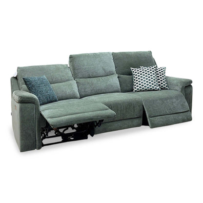 Berlin forest green linen large 3 seater power recliner sofa, angled view with both end seats reclined