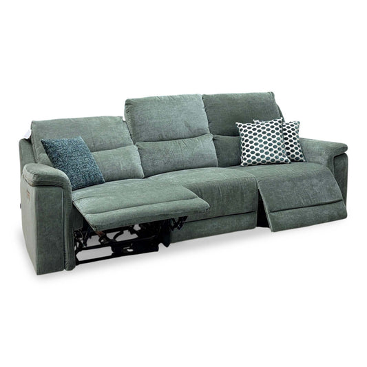 Berlin forest green linen large 3 seater power recliner sofa, angled view with both end seats reclined