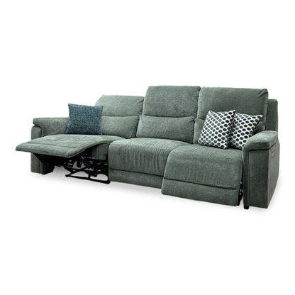 Berlin forest green linen 3 seater power recliner sofa, right angle with the left seat fully reclined