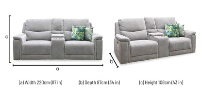 'Berlin' Light Grey Linen Fabric 2 Seater Power Recliner Sofa with Storage Console