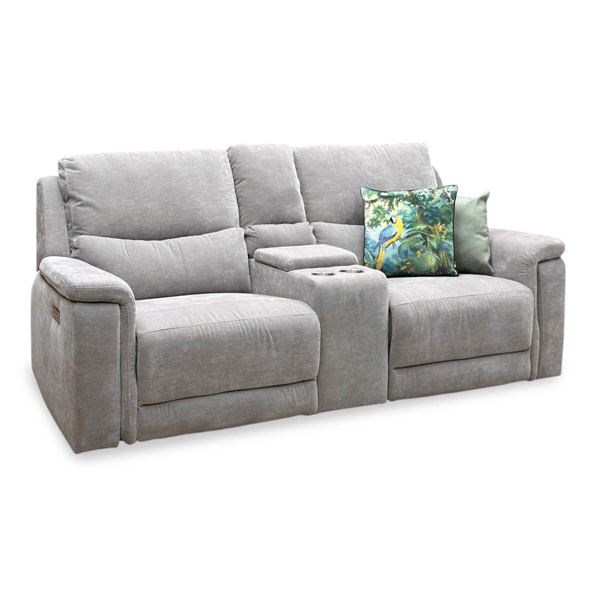 'Berlin' Light Grey Linen Fabric 2 Seater Power Recliner Sofa with Storage Console