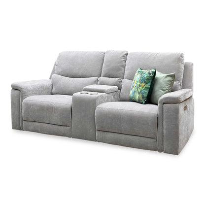 'Berlin' Light Grey Linen Fabric 2 Seater Power Recliner Sofa with Storage Console