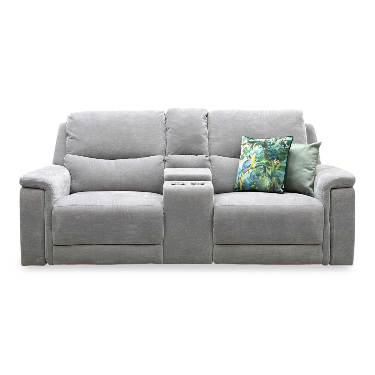 'Berlin' Light Grey Linen Fabric 2 Seater Power Recliner Sofa with Storage Console
